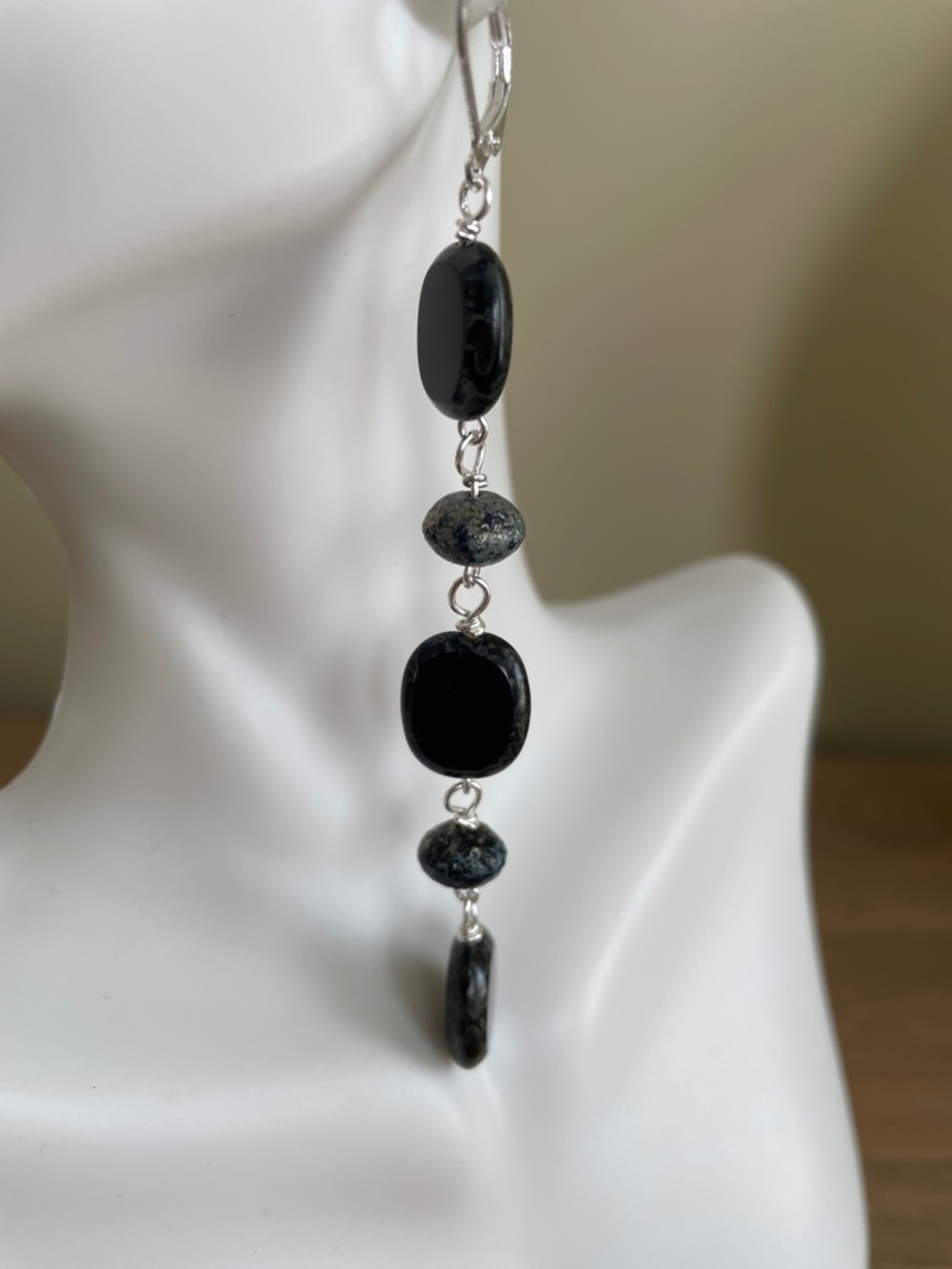 HAND CRAFTED BLACK CZECH GLASS DROP EARRINGS Long Bold Statement Dangles